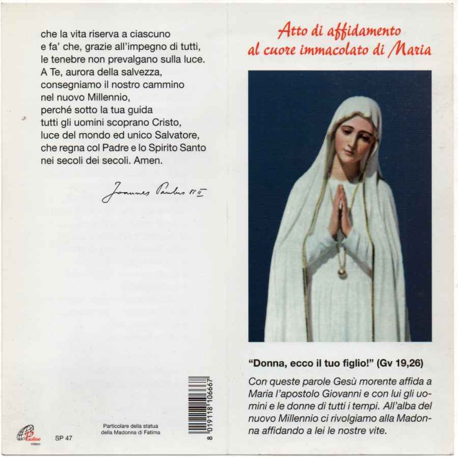 Pieghevole Con Atto Di Affidamento Alla Madonna Di San Giovanni Paolo Ii Cm 15x15 Piccole Marie